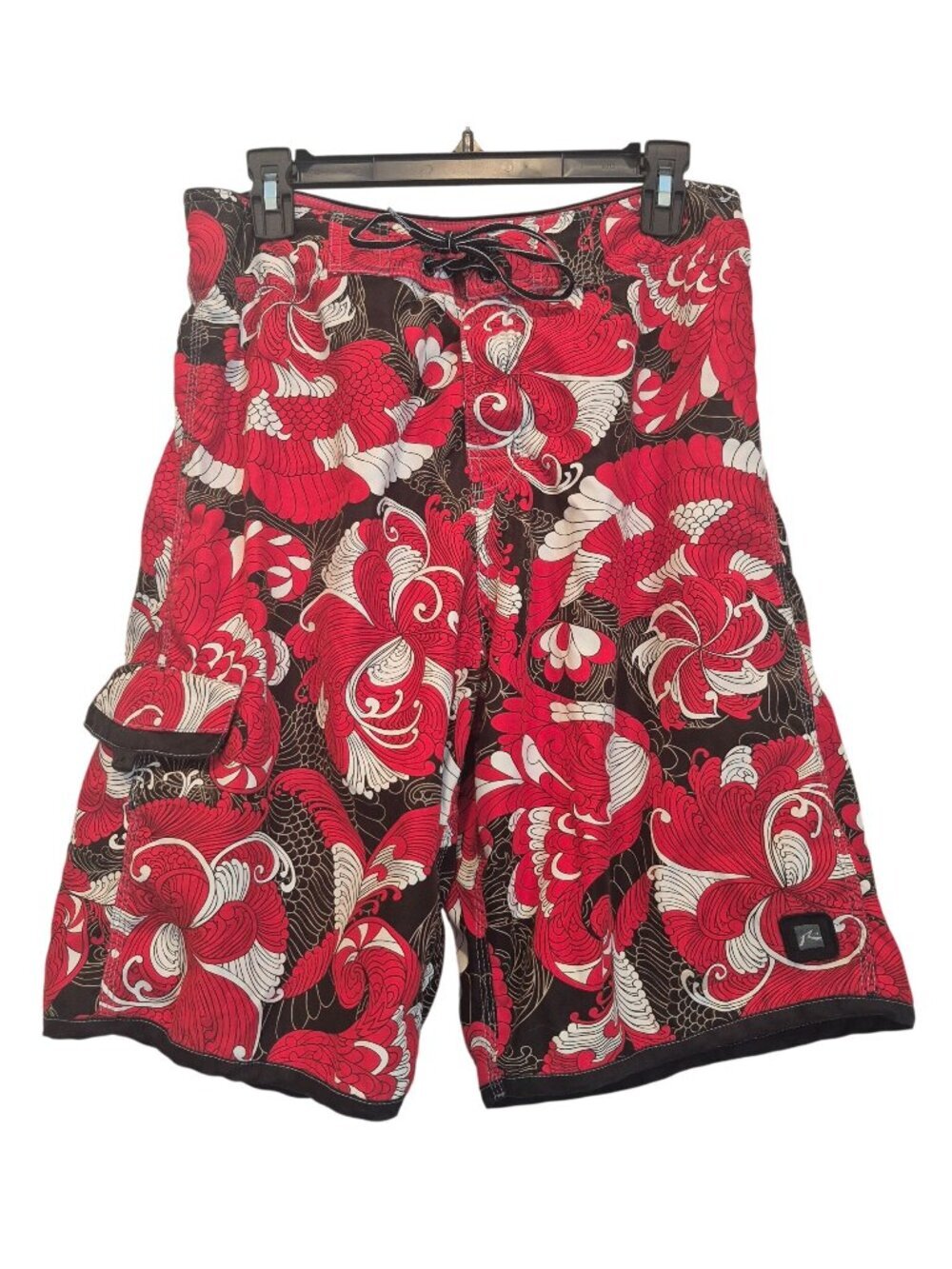 Vtg 90s Y2K Rusty Board Short Swim Trunks Red Oriental Whimsical Mens 33 Pockets